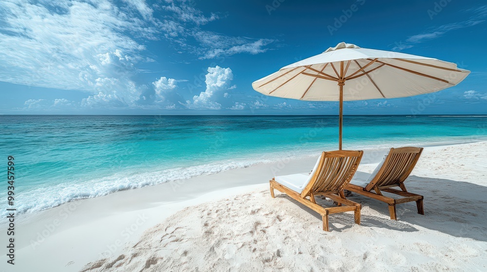 Fototapeta premium Relaxing Beach Paradise with Umbrella and Lounge Chairs