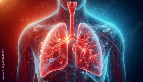 Human lungs. Cancer and respiratory diseases of the pulmonary system. The science of pulmonology in the treatment of tuberculosis, asthma and bronchitis. 3D organ with a red and blue background.