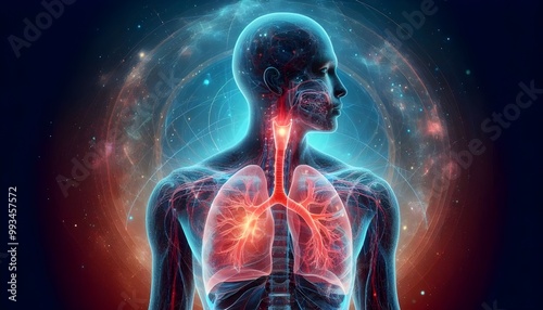 Human lungs. Cancer and respiratory diseases of the pulmonary system. The science of pulmonology in the treatment of tuberculosis, asthma and bronchitis. 3D organ with a red and blue background.