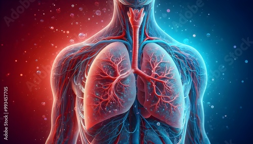 Human lungs. Cancer and respiratory diseases of the pulmonary system. The science of pulmonology in the treatment of tuberculosis, asthma and bronchitis. 3D organ with a red and blue background.