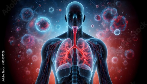 Human lungs. Cancer and respiratory diseases of the pulmonary system. The science of pulmonology in the treatment of tuberculosis, asthma and bronchitis. 3D organ with a red and blue background.