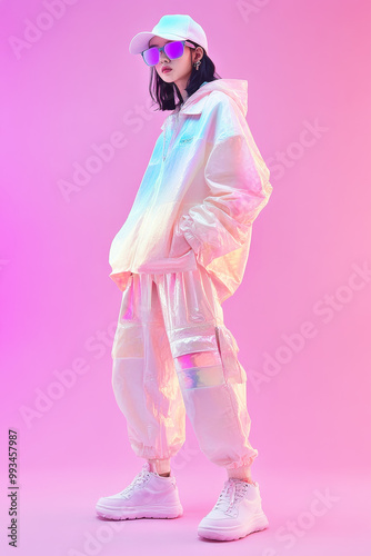 Asian model in studio in holographic stylish look.