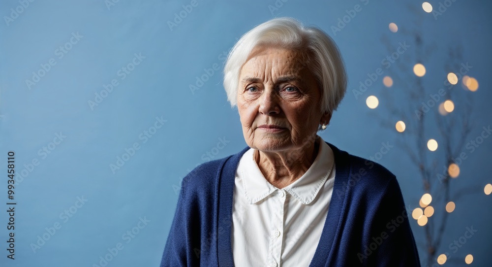 Serious elderly Caucasian woman with short white hair wearing cardigan on plain blue background Serious elderly Caucasian woman with short white hair wearing cardigan on plain blue background