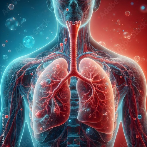 Human lungs. Cancer and respiratory diseases of the pulmonary system. The science of pulmonology in the treatment of tuberculosis, asthma and bronchitis. 3D organ with a red and blue background.
