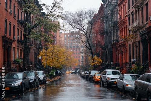 New York City streets. Manhattan streets. New York buildings and architectures. Close up view. Rentals in New York city. Rainy day in Manhattan, Generative AI