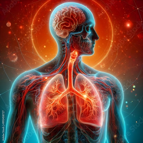 Human lungs. Cancer and respiratory diseases of the pulmonary system. The science of pulmonology in the treatment of tuberculosis, asthma and bronchitis. 3D organ with a red and blue background.