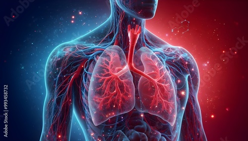 Human lungs. Cancer and respiratory diseases of the pulmonary system. The science of pulmonology in the treatment of tuberculosis, asthma and bronchitis. 3D organ with a red and blue background.