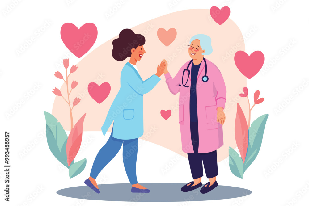 doctor give high fife to old woman isolated doctor give high fife to old woman isolated