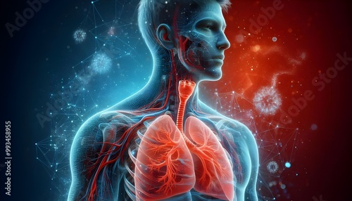 Human lungs. Cancer and respiratory diseases of the pulmonary system. The science of pulmonology in the treatment of tuberculosis, asthma and bronchitis. 3D organ with a red and blue background.