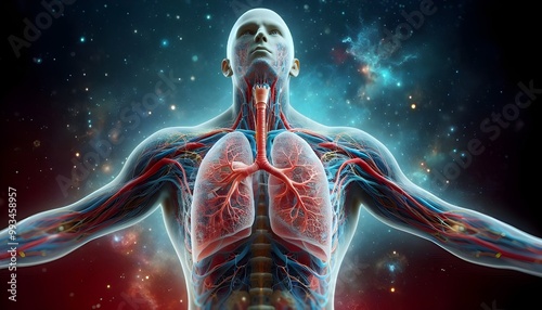 Human lungs. Cancer and respiratory diseases of the pulmonary system. The science of pulmonology in the treatment of tuberculosis, asthma and bronchitis. 3D organ with a red and blue background.