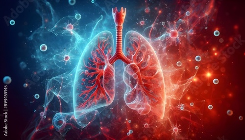 Human lungs. Cancer and respiratory diseases of the pulmonary system. The science of pulmonology in the treatment of tuberculosis, asthma and bronchitis. 3D organ with a red and blue background.