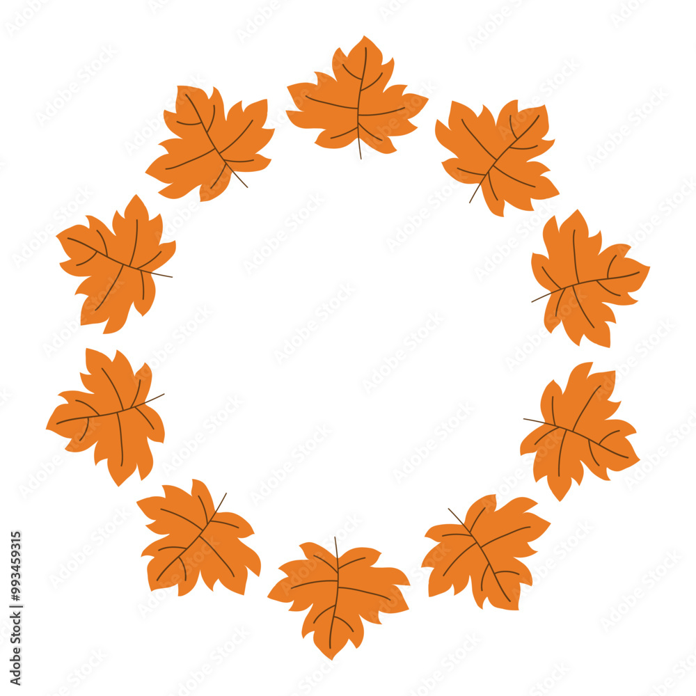 Round frame with orange maple leaves. Bright autumn wreath with empty space for text. Circle textbox. Hand drawn tree border Round frame with orange maple leaves. Bright autumn wreath with empty space for text. Circle textbox. Hand drawn tree border