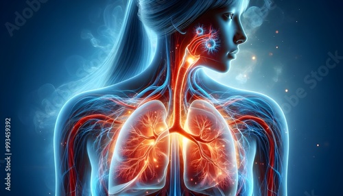 Human lungs. Cancer and respiratory diseases of the pulmonary system. The science of pulmonology in the treatment of tuberculosis, asthma and bronchitis. 3D organ with a red and blue background.