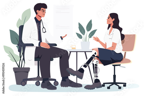 doctor talking with person with prosthetic leg isolated