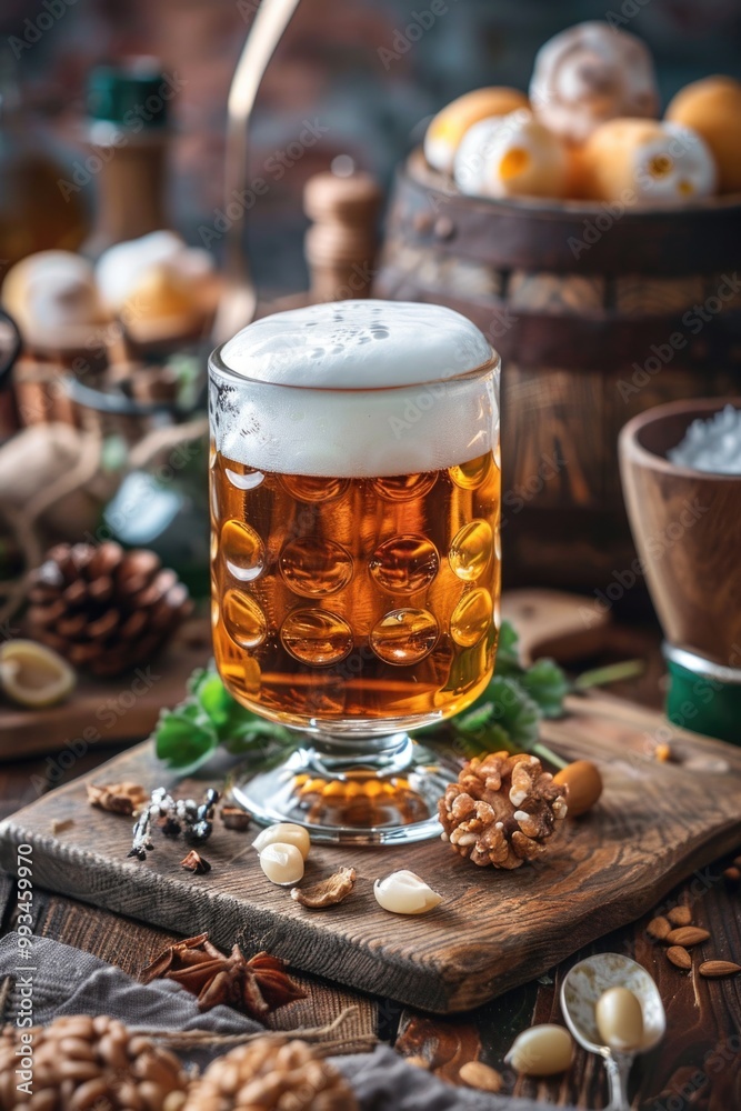 A glass of beer sits on top of a wooden table, ready to be enjoyed A glass of beer sits on top of a wooden table, ready to be enjoyed