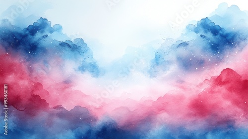 Dreamy Watercolor Sky with Blue and Red Clouds