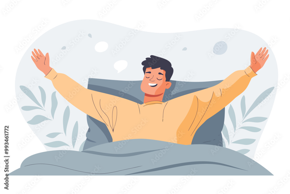 Happy man woke up and stretches in bed isolated Happy man woke up and stretches in bed isolated