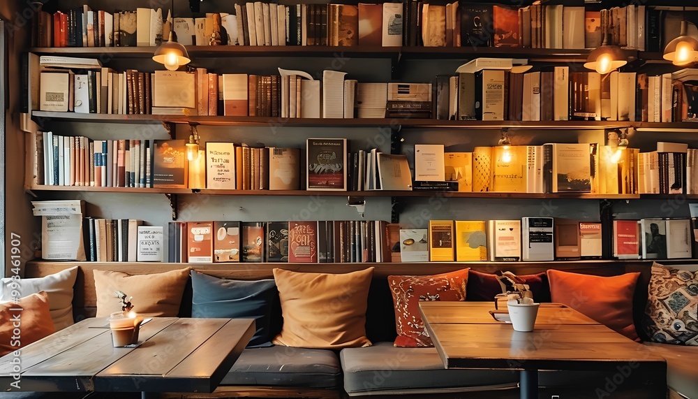 Fototapeta premium books in a library a cozy coffee cafe with bookshelves lining the walls, plush seating, and warm lighting. Create a space where customers can read and relax, surrounded by vintage books