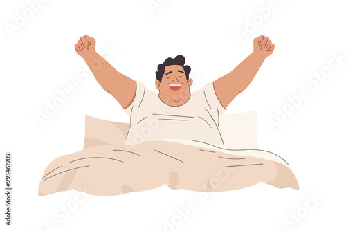 Happy overweight man woke up and stretches in bed isolated