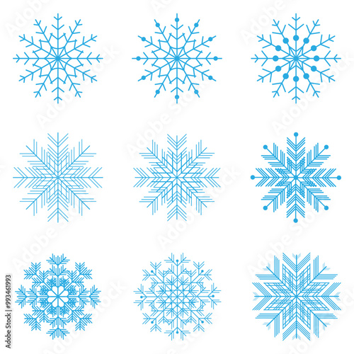 Set of blue snowflake icons.Isolated snowflake collection.Happy New Year,Christmas holidays. Winter design elements. Vector illustration.