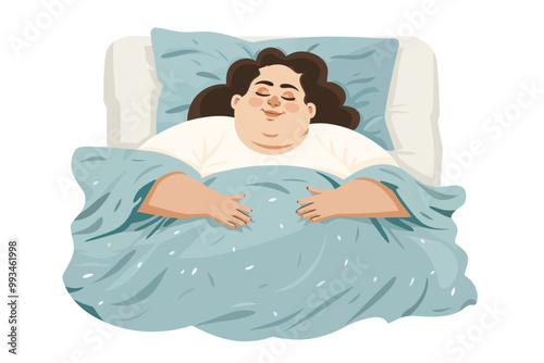 Happy overweight woman falling asleep in bed isolated