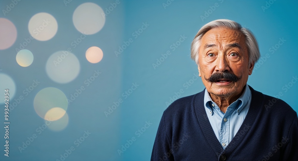 Fototapeta premium Surprised elderly Asian man with mustache wearing sweater on plain pink background