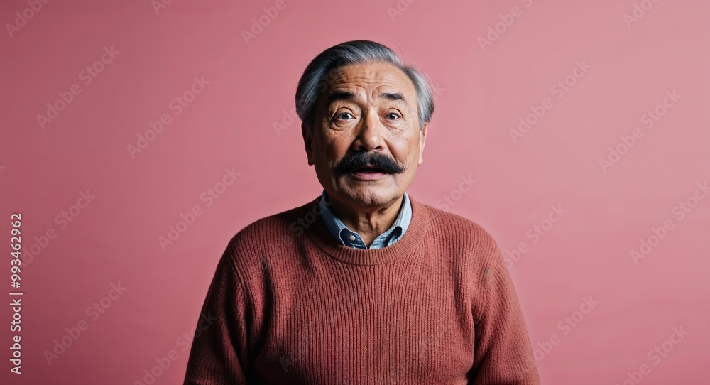 Obraz premium Surprised elderly Asian man with mustache wearing sweater on plain pink background