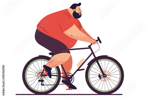 overweight man riding bycicle isolated