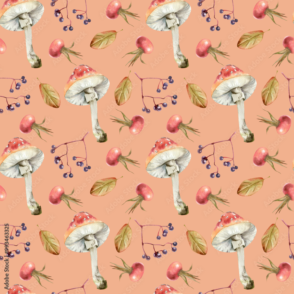 Red agaric mushroom with berries and autumn leaves seamless pattern. Hand drawn autumn and fall seasonal background with floral elements and fungus for packing, kitchen and card design Red agaric mushroom with berries and autumn leaves seamless pattern. Hand drawn autumn and fall seasonal background with floral elements and fungus for packing, kitchen and card design