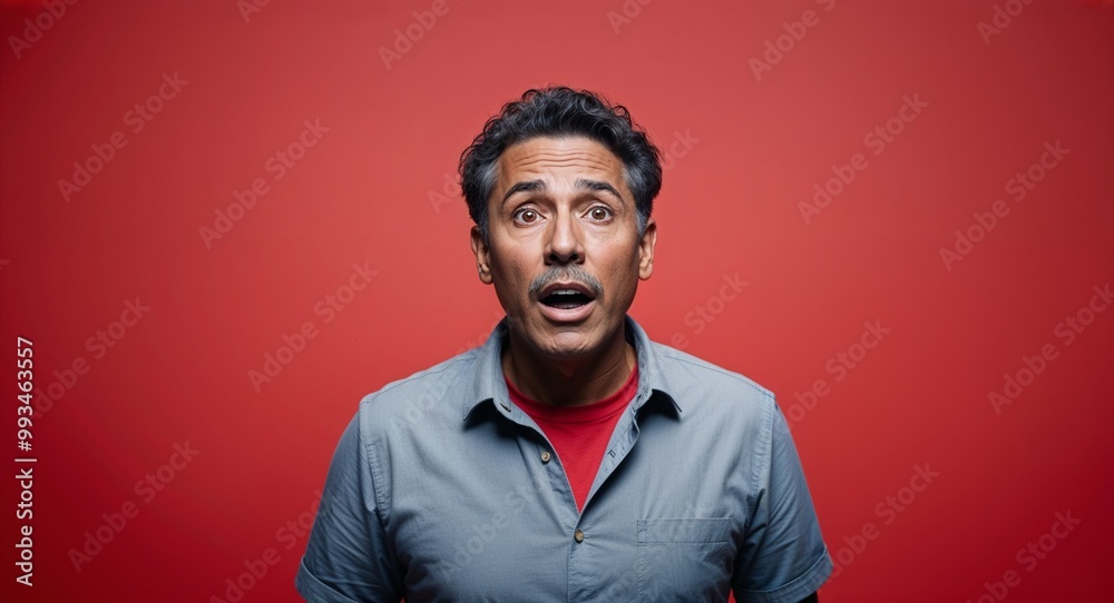 Obraz premium Surprised middleaged Hispanic man with short curly hair wearing casual shirt on plain red background