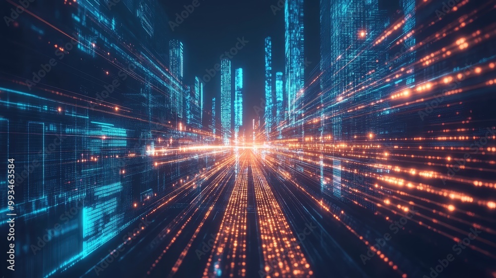 Naklejka premium Futuristic digital cityscape with blue and orange lights, symbolizing data technology