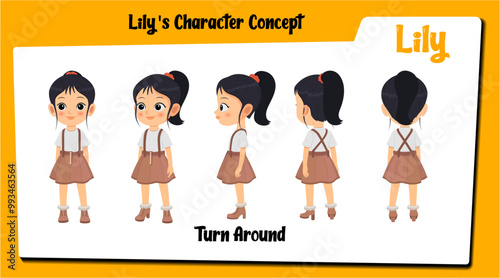 A cute girl cartoon character turn around sheet AKA Lily, Little girl cartoon in school dress.