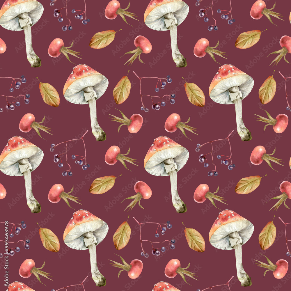 Red agaric mushroom with berries and autumn leaves seamless pattern on dark. Hand drawn autumn and fall seasonal background with floral elements and fungus for packing, kitchen and card design