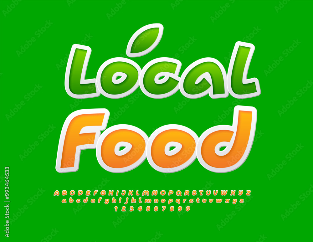 Naklejka premium Vector gourmet concept Local Food with decorative Leaf. Handwritten Yellow Font. Artistic Alphabet Letters and Numbers set