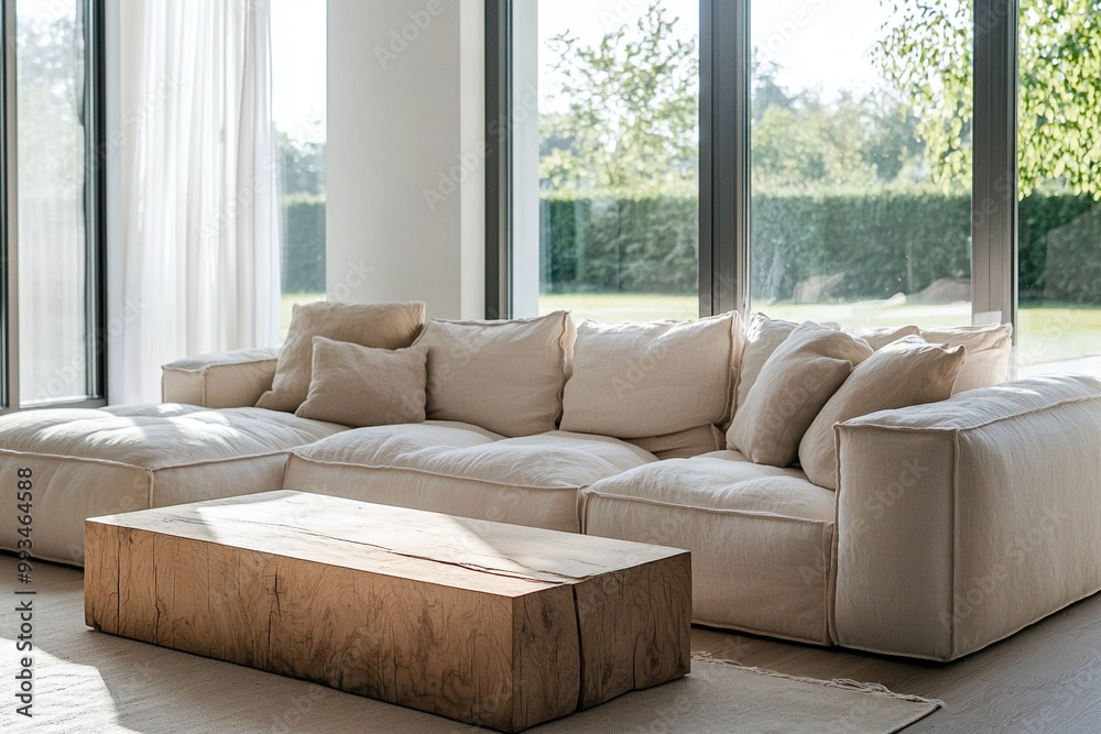 Fototapeta premium Photograph of a current residential living room with a combination of Scandinavian interiors and mid-century modern interiors. Generative AI 