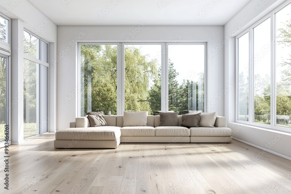 Fototapeta premium A modern living room with a soft white tone finish. A living room photo of a combination of Scandinavian interiors and mid-century modern interiors with comfortable sofas. Generative AI