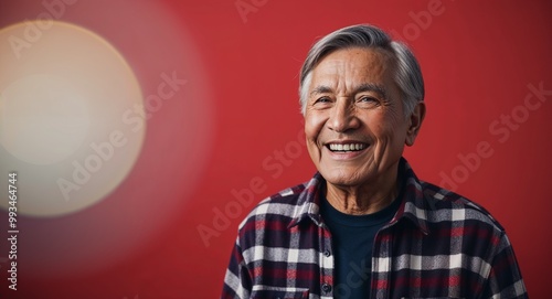 Cheerful elderly Hispanic man with short grey hair wearing flannel on plain red background