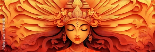 Durga Maa Navratri Banner in Layered Paper Cutting Style with Radiating Sunburst and Divine Power