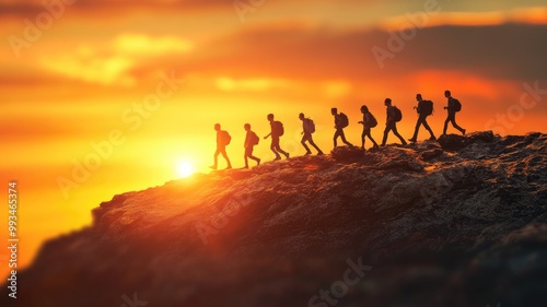 Group hiking at sunset on rocky ridge, vibrant sky, silhouettes