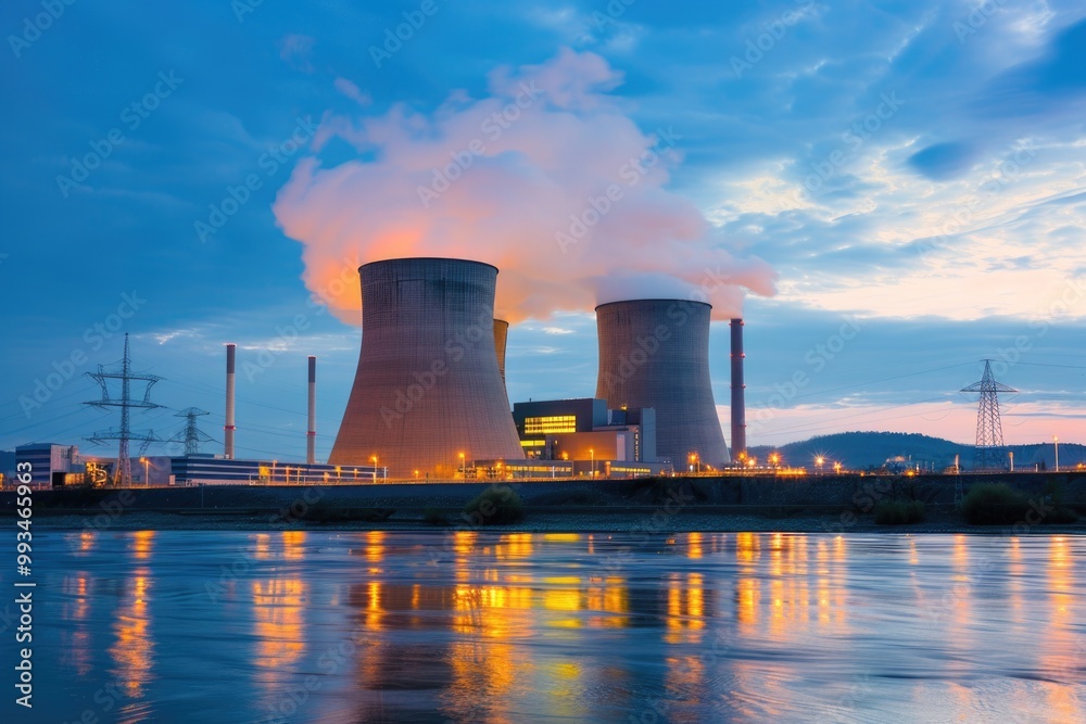 A large industrial power plant with visible smoke emitting from the stacks, suitable for use in illustrations about energy production or environmental issues A large industrial power plant with visible smoke emitting from the stacks, suitable for use in illustrations about energy production or environmental issues