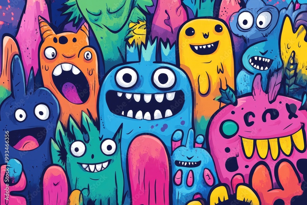 Crowd of funny cartoon monsters is showing teeth and sticking out tongue Crowd of funny cartoon monsters is showing teeth and sticking out tongue