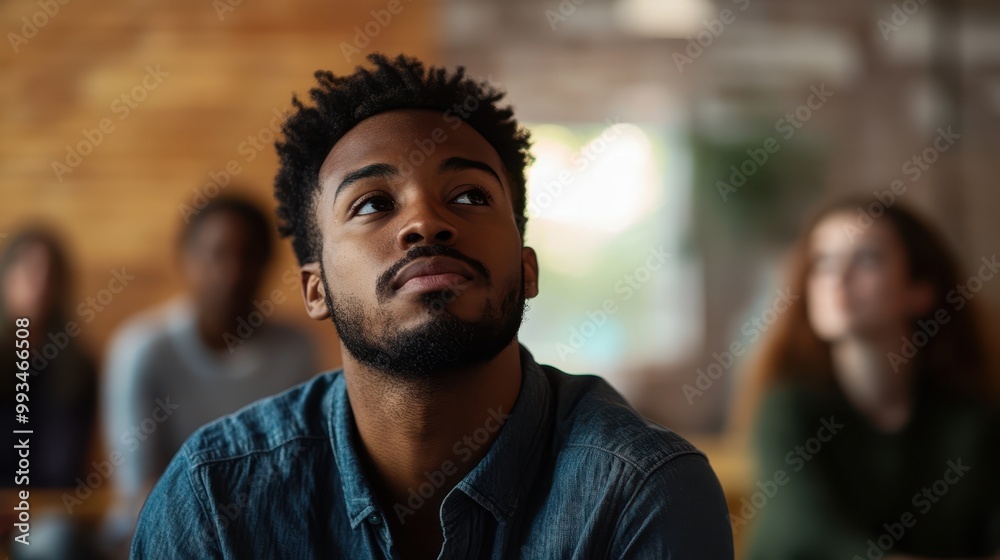 Embracing Vulnerability: Black Man Takes a Deep Breath in Supportive Community Setting Embracing Vulnerability: Black Man Takes a Deep Breath in Supportive Community Setting