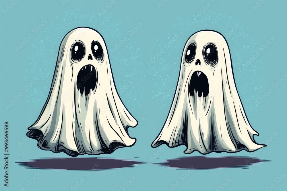 Two white cartoon ghosts screaming with open mouths Two white cartoon ghosts screaming with open mouths