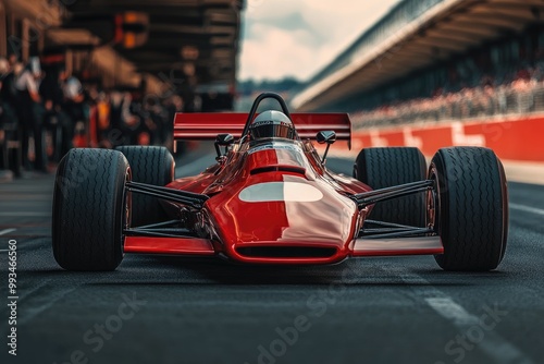Red racing car parked on a circuit with pilot waiting for the start of the race