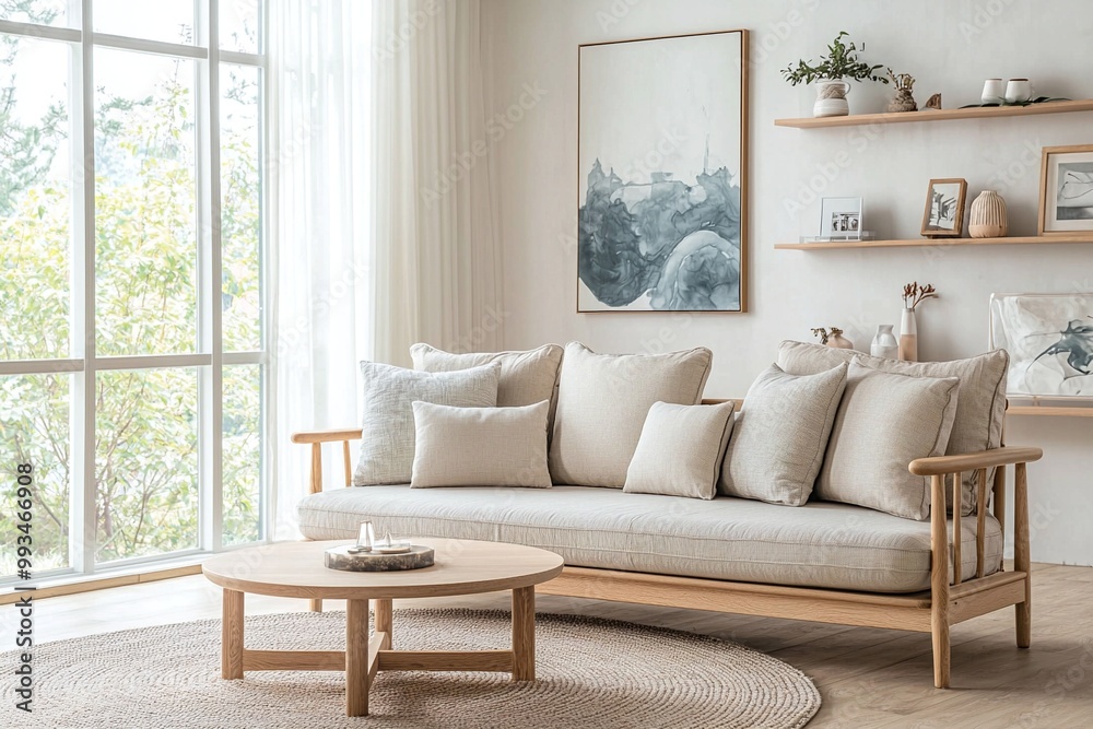 Fototapeta premium Photograph of a combination of modern Scandinavian interiors and mid-century modern interiors in a living room with a comfortable sofa. Generative AI 