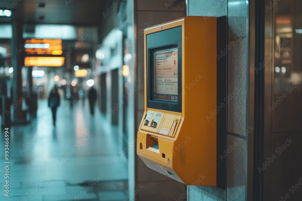 Ticket machine standing in busy train station hallway Ticket machine standing in busy train station hallway