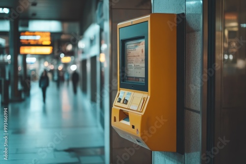 Ticket machine standing in busy train station hallway