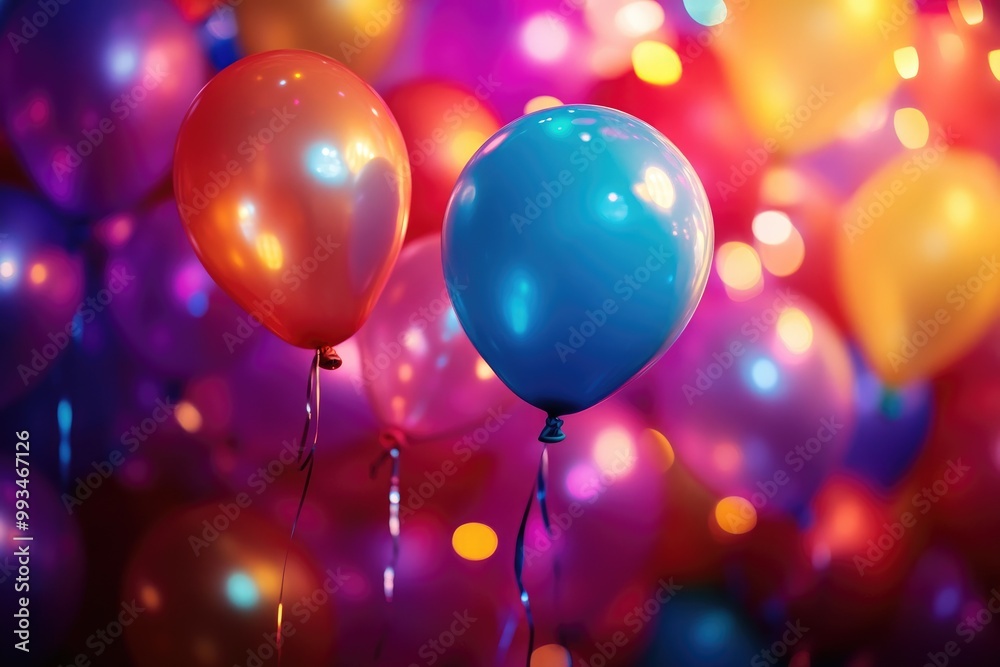 Colorful balloons floating in a party room with festive lights Colorful balloons floating in a party room with festive lights