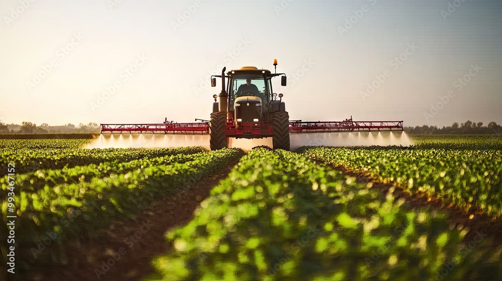 Agricultural tractor spraying pesticides on a farm field, visible droplets forming as it moves through the crops. Agricultural tractor spraying pesticides on a farm field, visible droplets forming as it moves through the crops.
