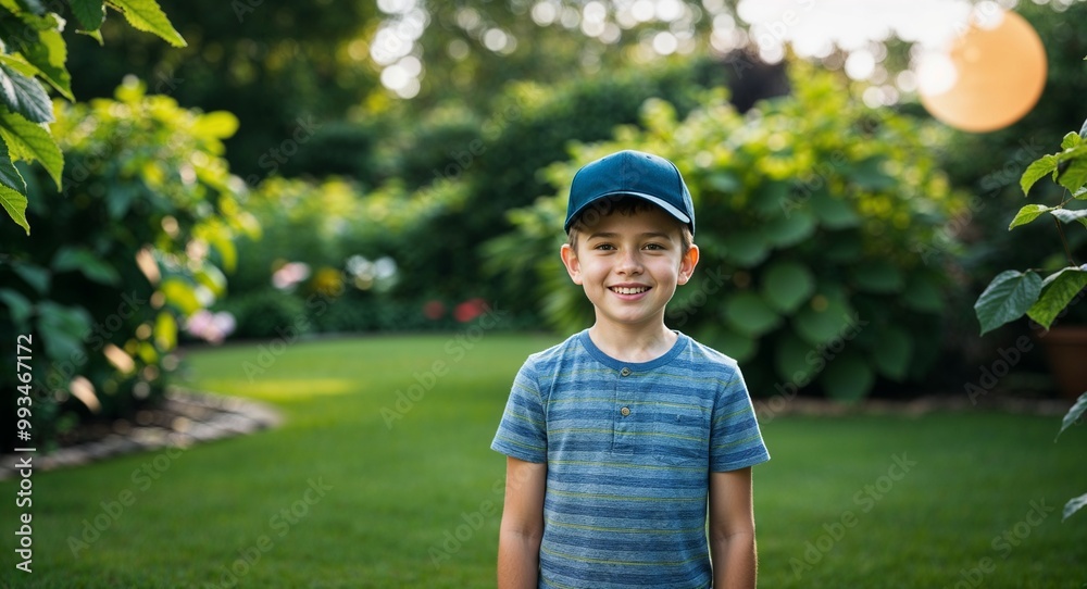 Cheerful young Caucasian boy with a baseball cap in a lush green garden Cheerful young Caucasian boy with a baseball cap in a lush green garden